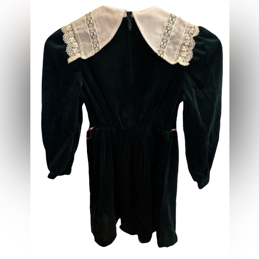 80s BONNIE JEAN GREEN VELVET MIDI DRESS W WHITE & LACE WIDE PEAKED COLLAR SZ 7 - Picture 4 of 6